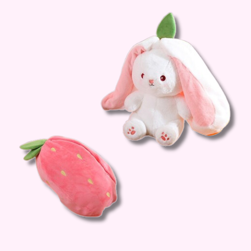 Peluche Lapin Kawaii Blanc avec ses Oreilles en Fraise Ouvert et Ferné