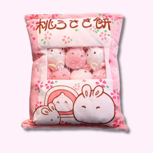 Peluche Coussin Kawaii avec 8 Mini Lapin Blanc et Rose